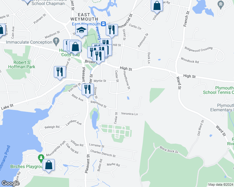 map of restaurants, bars, coffee shops, grocery stores, and more near Cedar Street in Weymouth