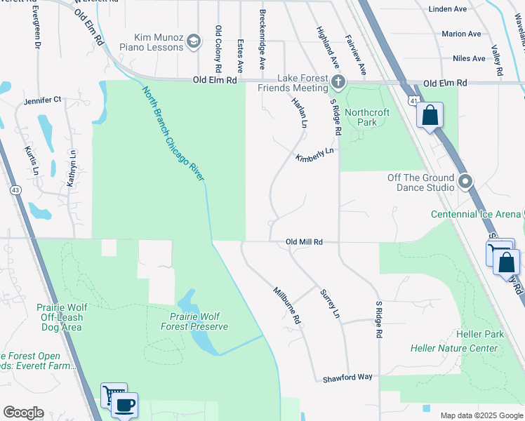 map of restaurants, bars, coffee shops, grocery stores, and more near 1571 Christina Lane in Lake Forest