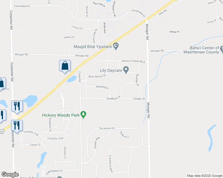 map of restaurants, bars, coffee shops, grocery stores, and more near 4665 Nutmeg Drive in Ypsilanti