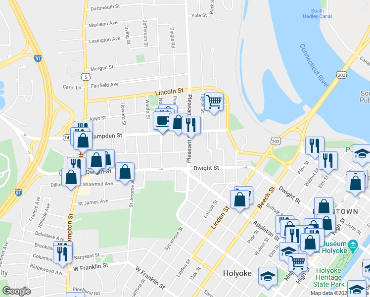 map of restaurants, bars, coffee shops, grocery stores, and more near 505 Pleasant Street in Holyoke