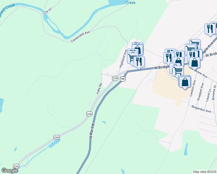 map of restaurants, bars, coffee shops, grocery stores, and more near 16 New York 23A in Catskill