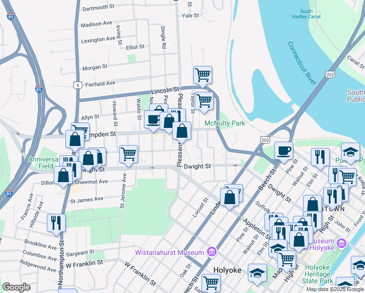 map of restaurants, bars, coffee shops, grocery stores, and more near 760-762 Hampden Street in Holyoke