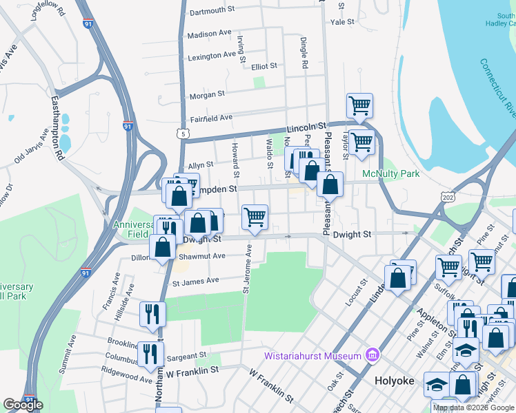 map of restaurants, bars, coffee shops, grocery stores, and more near in Holyoke