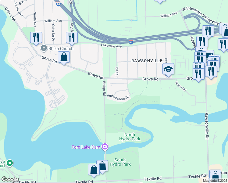 map of restaurants, bars, coffee shops, grocery stores, and more near 2692 Bluewater Street in Ypsilanti