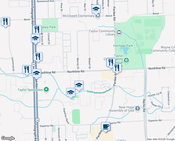 map of restaurants, bars, coffee shops, grocery stores, and more near 12948 Robert Street in Taylor