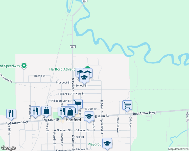map of restaurants, bars, coffee shops, grocery stores, and more near 115 School Street in Hartford