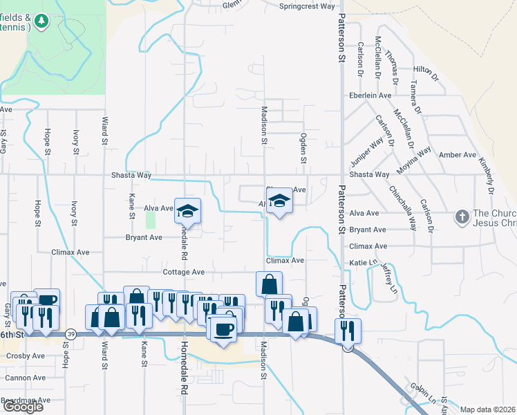 map of restaurants, bars, coffee shops, grocery stores, and more near 5718 Alva Avenue in Klamath Falls