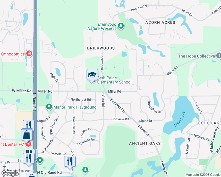 map of restaurants, bars, coffee shops, grocery stores, and more near 23954 Miller Road in Lake Zurich