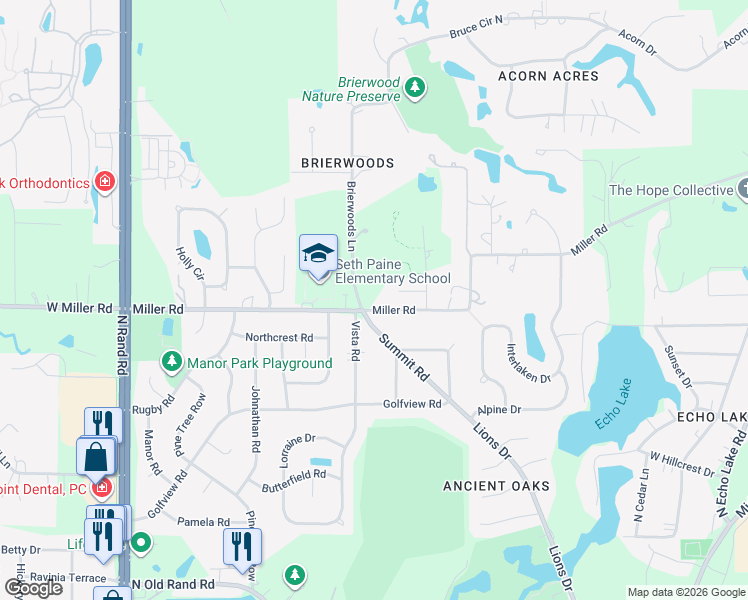 map of restaurants, bars, coffee shops, grocery stores, and more near 23954 Miller Road in Lake Zurich