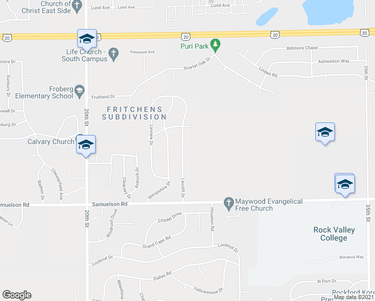 map of restaurants, bars, coffee shops, grocery stores, and more near 4760 Lincliff Drive in Rockford