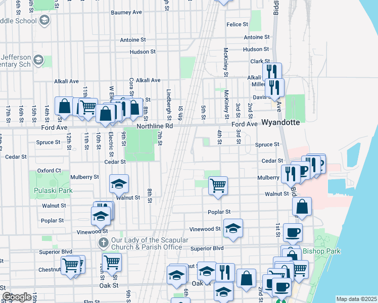 map of restaurants, bars, coffee shops, grocery stores, and more near 2120 5th Street in Wyandotte
