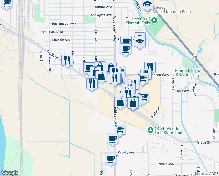 map of restaurants, bars, coffee shops, grocery stores, and more near 2505 Pershing Way in Klamath Falls