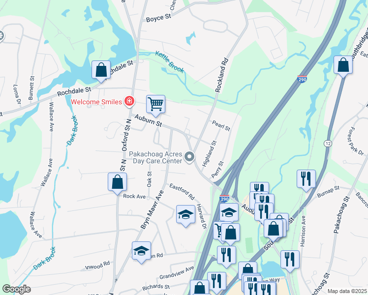 map of restaurants, bars, coffee shops, grocery stores, and more near 167 Auburn Street in Auburn