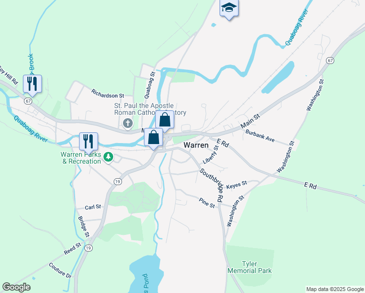 map of restaurants, bars, coffee shops, grocery stores, and more near 25 Southbridge Road in Warren