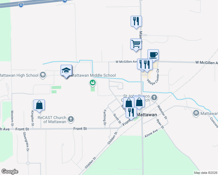 map of restaurants, bars, coffee shops, grocery stores, and more near 56920 Murray Street in Mattawan