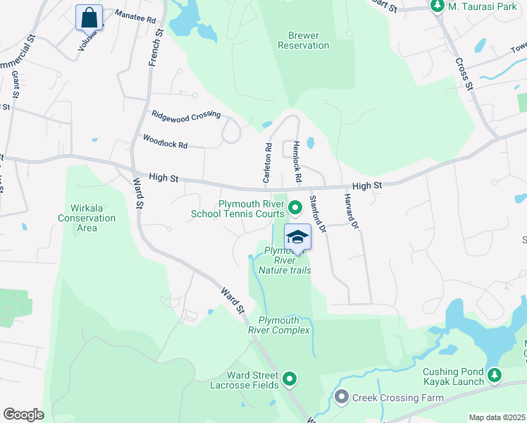 map of restaurants, bars, coffee shops, grocery stores, and more near 222 High Street in Hingham