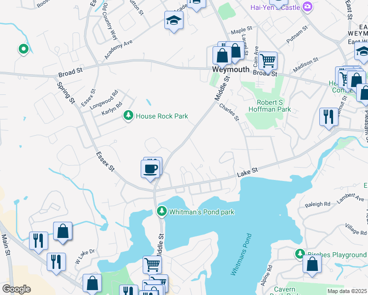 map of restaurants, bars, coffee shops, grocery stores, and more near 303 Middle Street in Weymouth