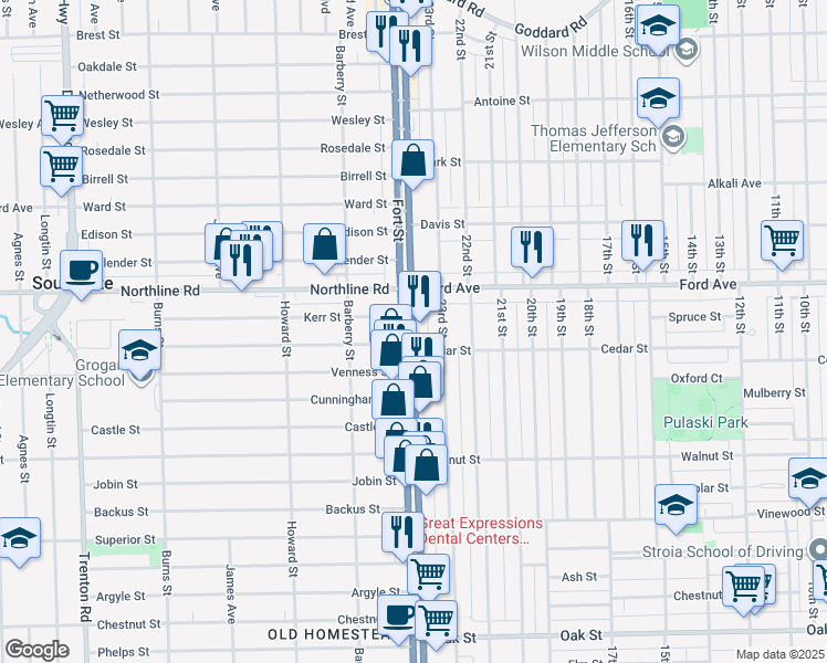 map of restaurants, bars, coffee shops, grocery stores, and more near Fort Street in Wyandotte