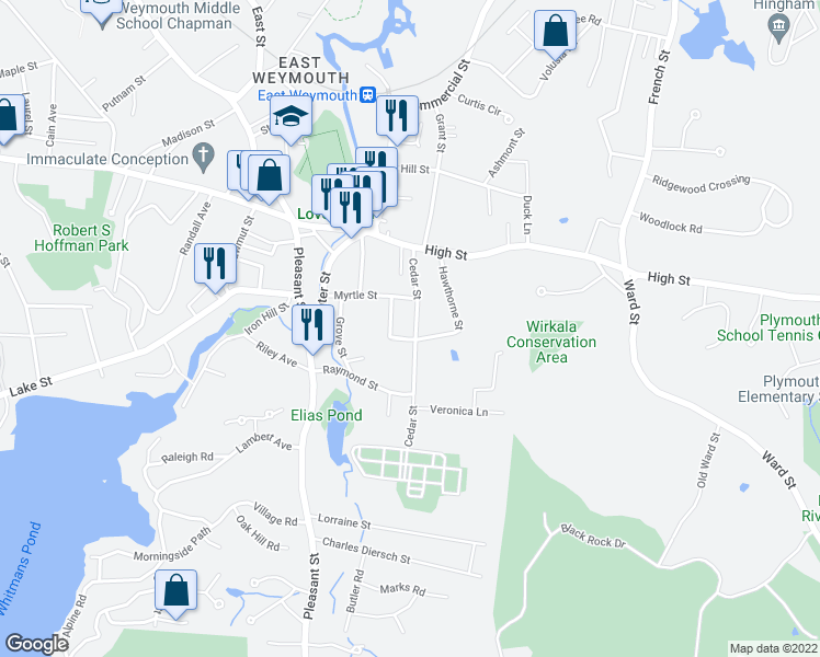 map of restaurants, bars, coffee shops, grocery stores, and more near 69 Cedar Street in Weymouth