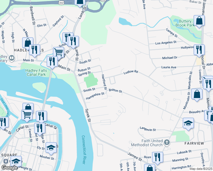 map of restaurants, bars, coffee shops, grocery stores, and more near 16 Hartford Street in South Hadley