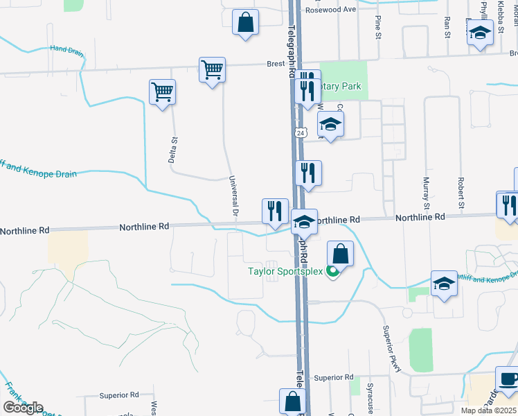 map of restaurants, bars, coffee shops, grocery stores, and more near 24274 Northline Road in Taylor