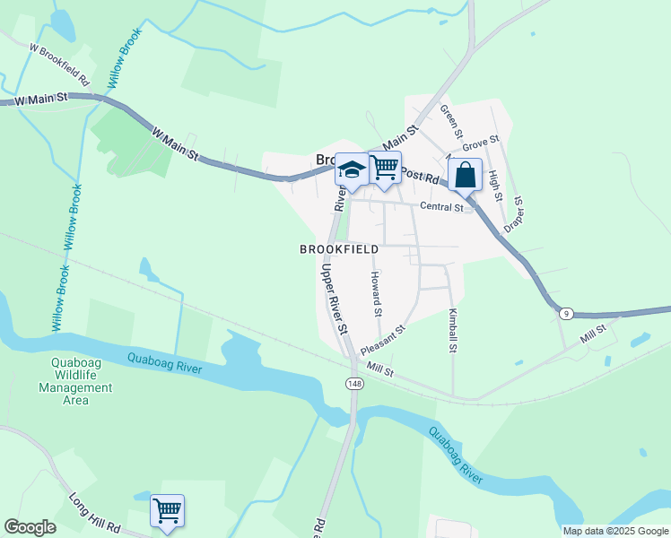 map of restaurants, bars, coffee shops, grocery stores, and more near 22 Upper River Street in Brookfield