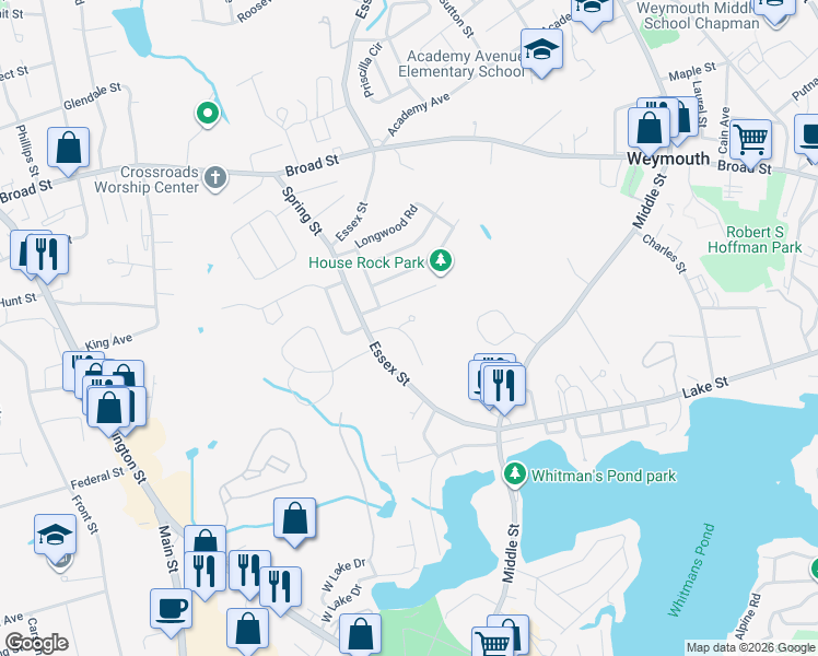 map of restaurants, bars, coffee shops, grocery stores, and more near 8 Sundin Circle in Weymouth