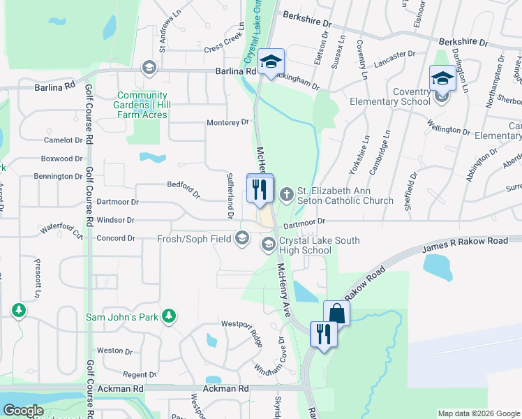 map of restaurants, bars, coffee shops, grocery stores, and more near 1024 McHenry Avenue in Crystal Lake
