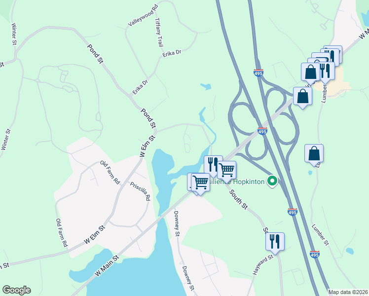 map of restaurants, bars, coffee shops, grocery stores, and more near 8 North Pond Way in Hopkinton