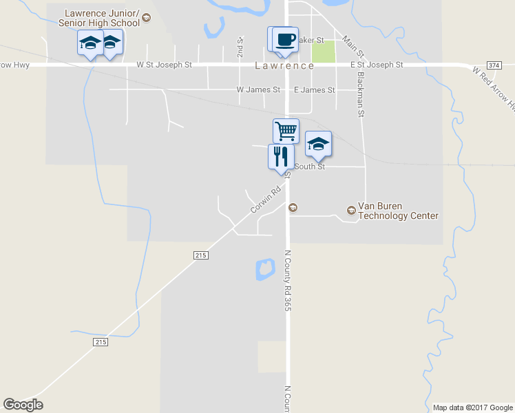 map of restaurants, bars, coffee shops, grocery stores, and more near Corwin Road in Lawrence