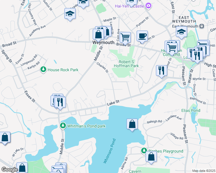 map of restaurants, bars, coffee shops, grocery stores, and more near 96 Walton Street in Weymouth
