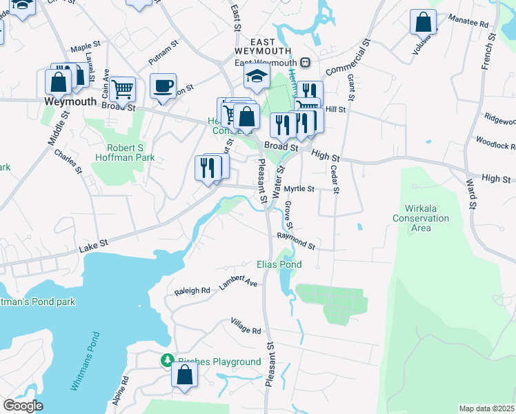 map of restaurants, bars, coffee shops, grocery stores, and more near 14 Iron Hill Street in Weymouth