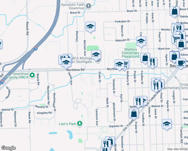 map of restaurants, bars, coffee shops, grocery stores, and more near 15265 Northline Road in Southgate