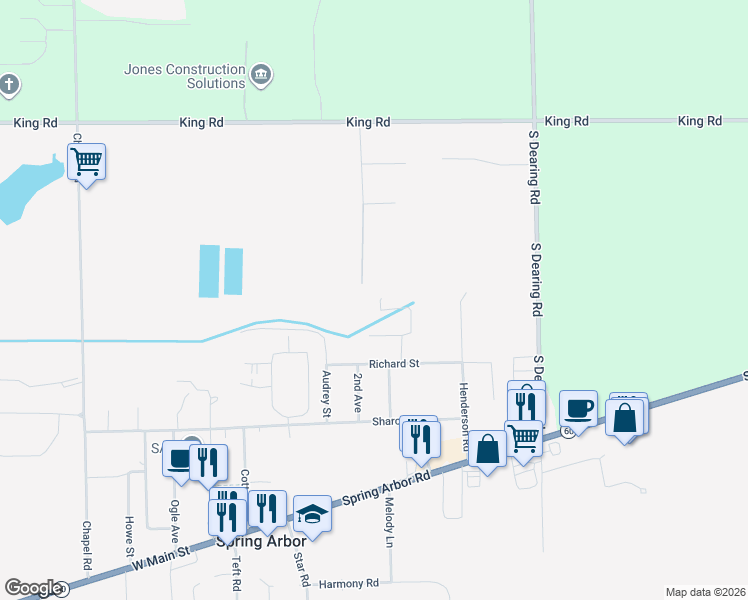 map of restaurants, bars, coffee shops, grocery stores, and more near 3070 Arborwood Boulevard in Spring Arbor