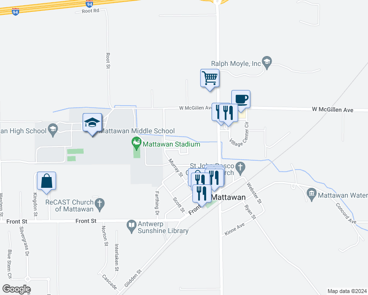 map of restaurants, bars, coffee shops, grocery stores, and more near 24434-24506 Lawernce Street in Mattawan