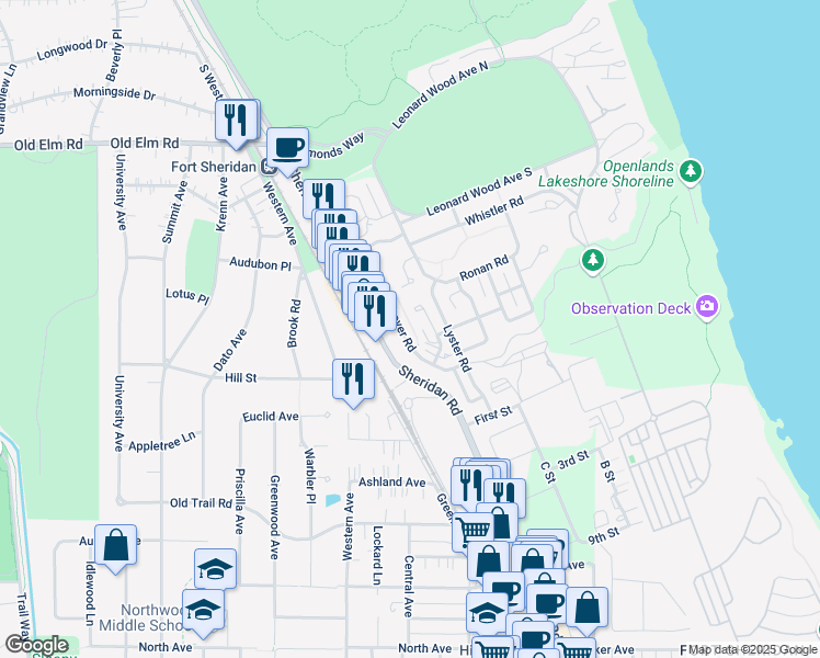 map of restaurants, bars, coffee shops, grocery stores, and more near 93 Westover Road in Highwood