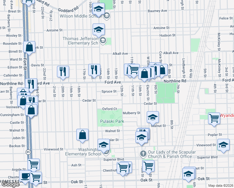 map of restaurants, bars, coffee shops, grocery stores, and more near 1252 Spruce Street in Wyandotte