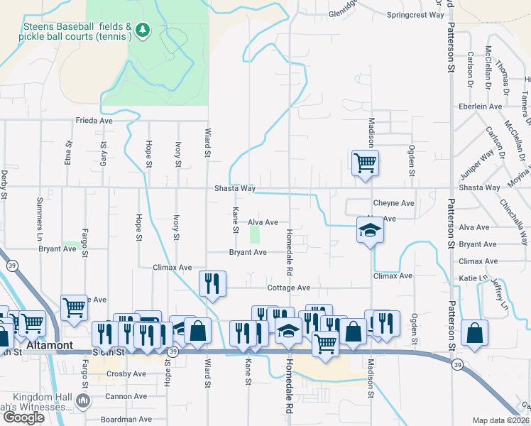 map of restaurants, bars, coffee shops, grocery stores, and more near 1750 Homedale Road in Klamath Falls
