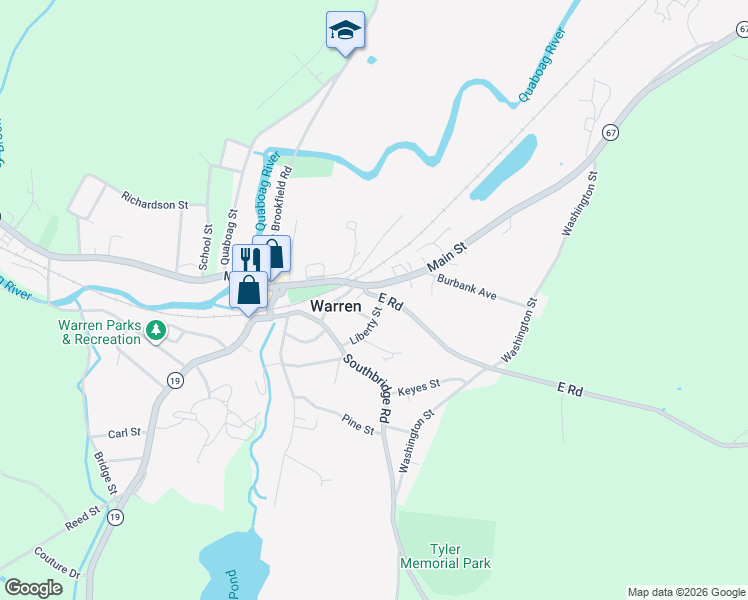 map of restaurants, bars, coffee shops, grocery stores, and more near 829 Massachusetts 19 in West Brookfield