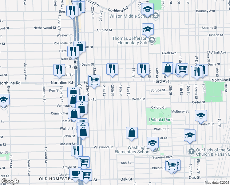 map of restaurants, bars, coffee shops, grocery stores, and more near 2058 19th Street in Wyandotte