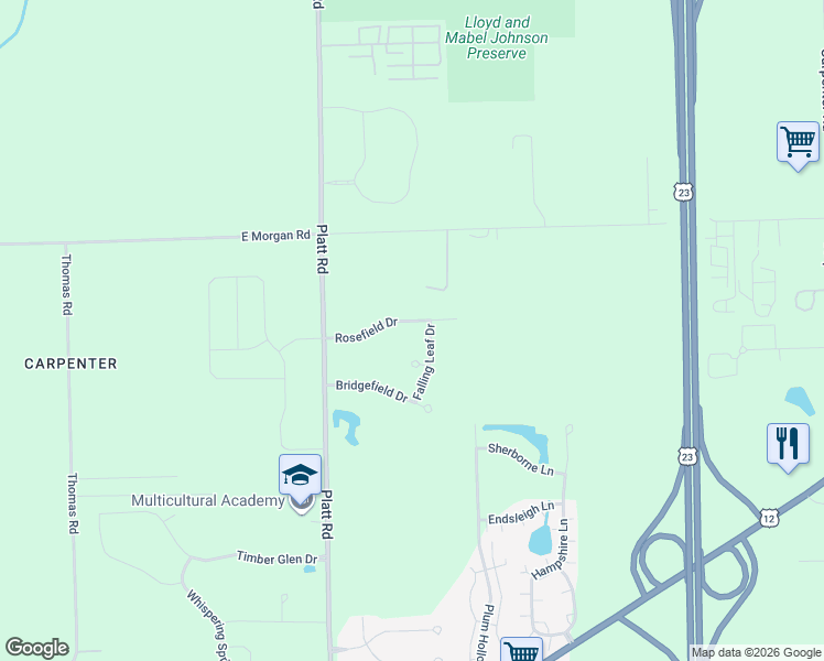 map of restaurants, bars, coffee shops, grocery stores, and more near 3187 Rosefield Drive in Ann Arbor