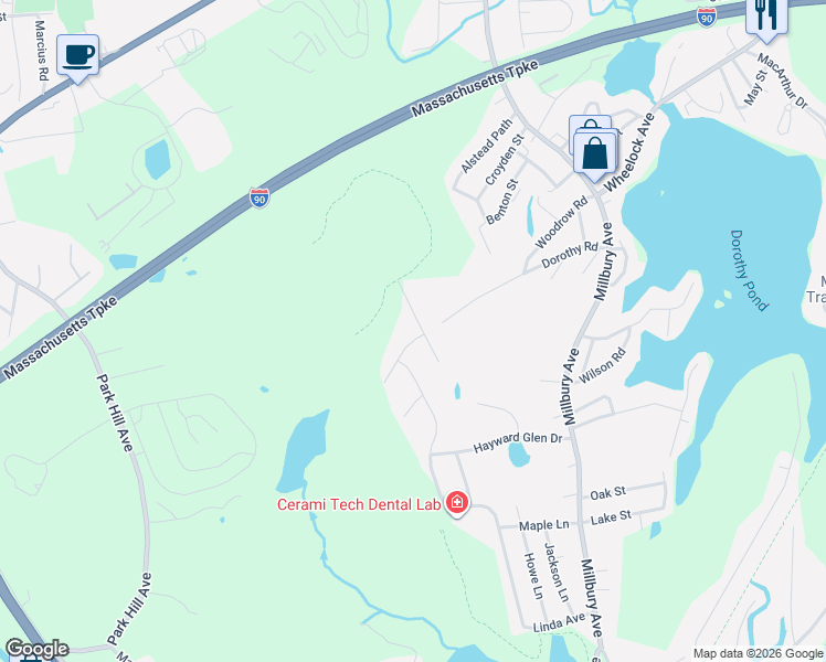map of restaurants, bars, coffee shops, grocery stores, and more near 2 Brian Circle in Millbury