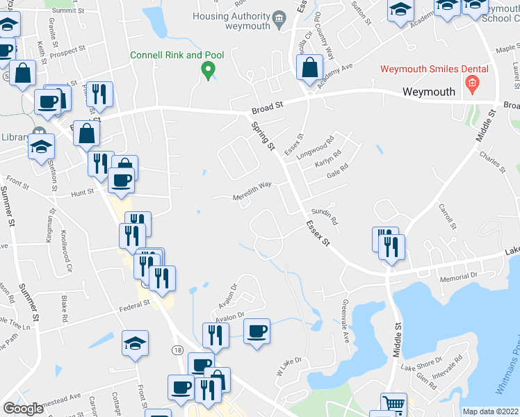 map of restaurants, bars, coffee shops, grocery stores, and more near 102 Essex Heights Drive in Weymouth