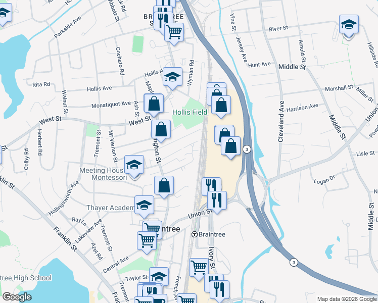 map of restaurants, bars, coffee shops, grocery stores, and more near 42 Sampson Avenue in Braintree