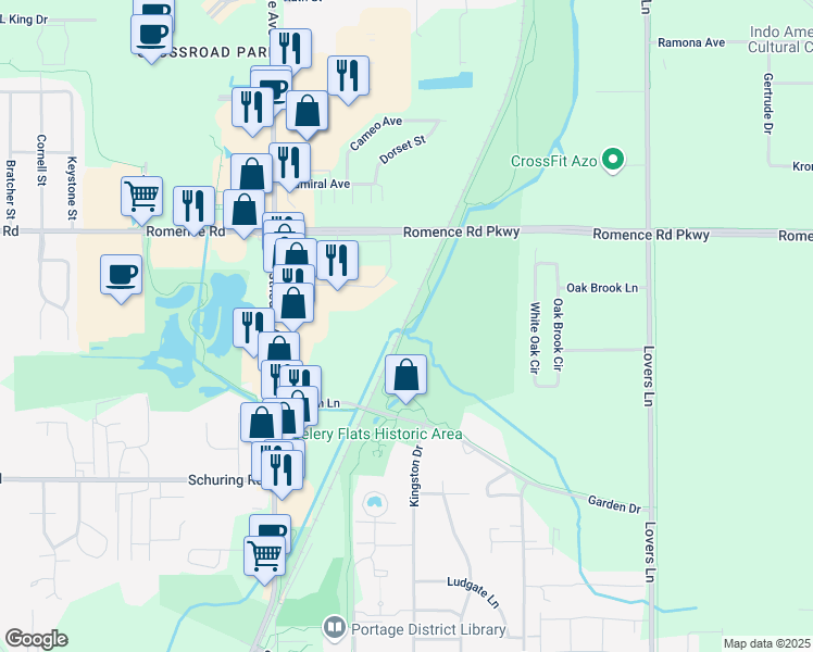 map of restaurants, bars, coffee shops, grocery stores, and more near Portage Creek Bicentennial Park Trail (Celery Flats) in Portage