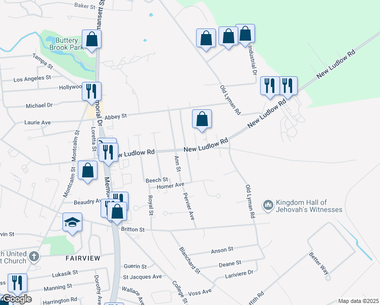 map of restaurants, bars, coffee shops, grocery stores, and more near 417 New Ludlow Road in Chicopee