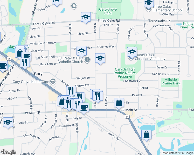 map of restaurants, bars, coffee shops, grocery stores, and more near 401 North 1st Street in Cary