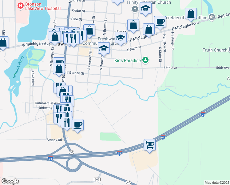 map of restaurants, bars, coffee shops, grocery stores, and more near 520 River Road in Paw Paw
