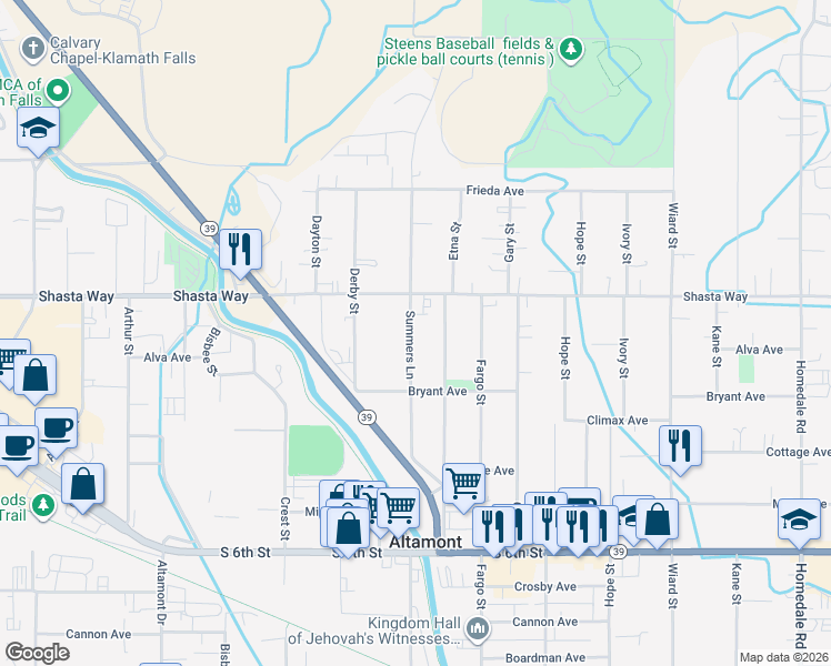 map of restaurants, bars, coffee shops, grocery stores, and more near 1749 Summers Lane in Klamath Falls