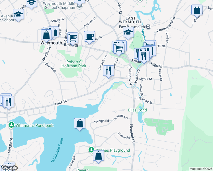 map of restaurants, bars, coffee shops, grocery stores, and more near 47 Lake Street in Weymouth